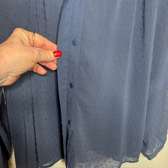 DR2 Blue Chiffon Clip Dot Sheer Button Front Blouse Sz Large - Picture 5 of 11